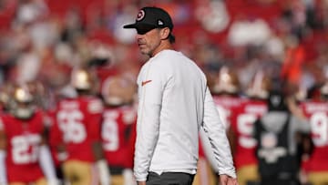 Dec 8, 2024; Santa Clara, California, USA; San Francisco 49ers head coach Kyle Shanahan walks on the field before the start of the game against the Chicago Bears at Levi's Stadium. Mandatory Credit: Cary Edmondson-Imagn Images