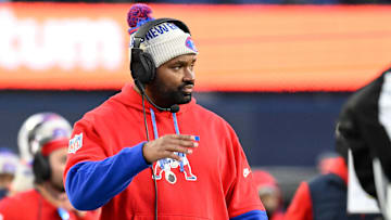 Dec 1, 2024; Foxborough, Massachusetts, USA; New England Patriots head coach Jerod Mayo looks on from the sideline during the second half against the Indianapolis Colts at Gillette Stadium.