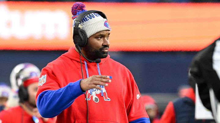 Dec 1, 2024; Foxborough, Massachusetts, USA; New England Patriots head coach Jerod Mayo looks on from the sideline during the second half against the Indianapolis Colts at Gillette Stadium.