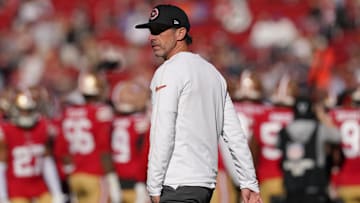 Dec 8, 2024; Santa Clara, California, USA; San Francisco 49ers head coach Kyle Shanahan walks on the field before the start of the game against the Chicago Bears at Levi's Stadium. 