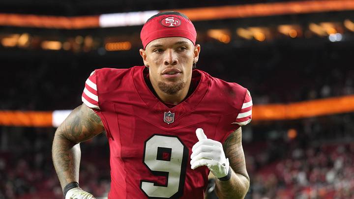 Oct 19, 2025; Santa Clara, California, USA; San Francisco 49ers wide receiver Skyy Moore (9) after the game against the Atlanta Falcons at Levi's Stadium.