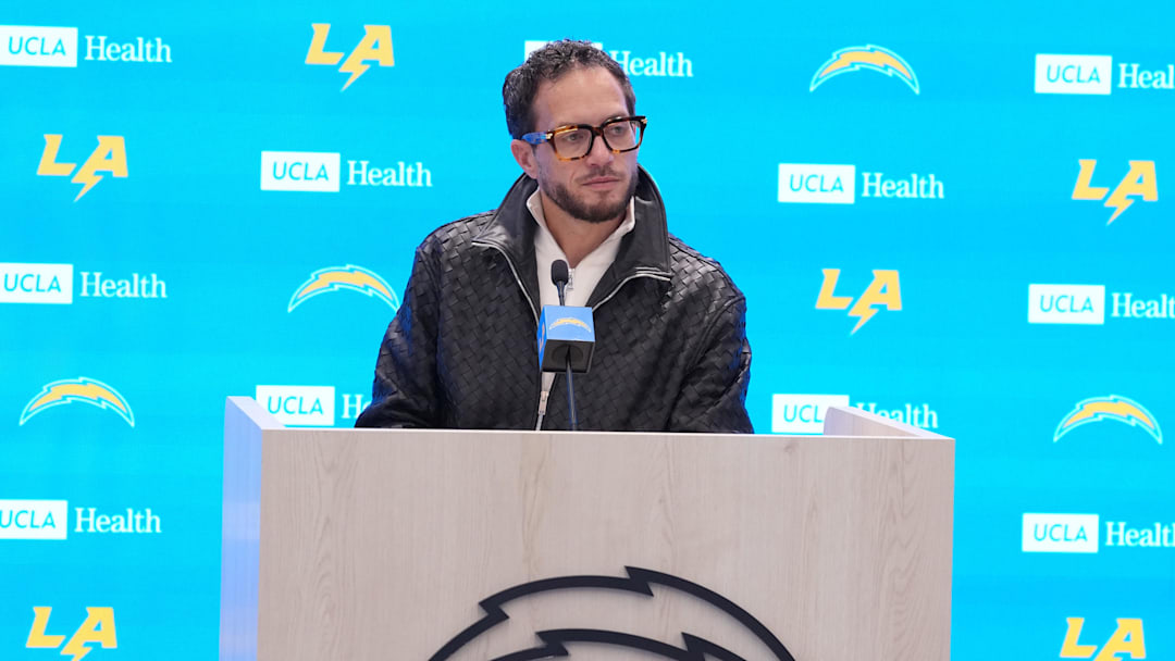 January 27, 2026; El Segundo, California, USA; Los Angeles Chargers offensive coordinator Mike McDaniel speaks at introductory press conference at The Bolt. Mandatory Credit: Kirby Lee-Imagn Images