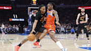 Jan 16, 2025; Oklahoma City, Oklahoma, USA; Cleveland Cavaliers guard Darius Garland (10) drives to the basket as Oklahoma City Thunder guard Cason Wallace (22) defends during the second quarter at Paycom Center. Mandatory Credit: Alonzo Adams-Imagn Images