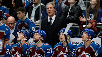 Mar 27, 2025; Denver, Colorado, USA; Colorado Avalanche head coach Jared Bednar in the first period against the Los Angeles Kings at Ball Arena. Mandatory Credit: Isaiah J. Downing-Imagn Images