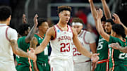 Indiana Hoosiers forward Trayce Jackson-Davis (23) reacts after a play against the Miami (Fl) Hurricanes during the second half at MVP Arena.