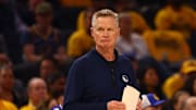 Apr 28, 2025; San Francisco, California, USA; Golden State Warriors head coach Steve Kerr on the sideline during the first quarter of game four of the 2025 NBA Playoffs first round against the Houston Rockets at Chase Center. Mandatory Credit: Kelley L Cox-Imagn Images