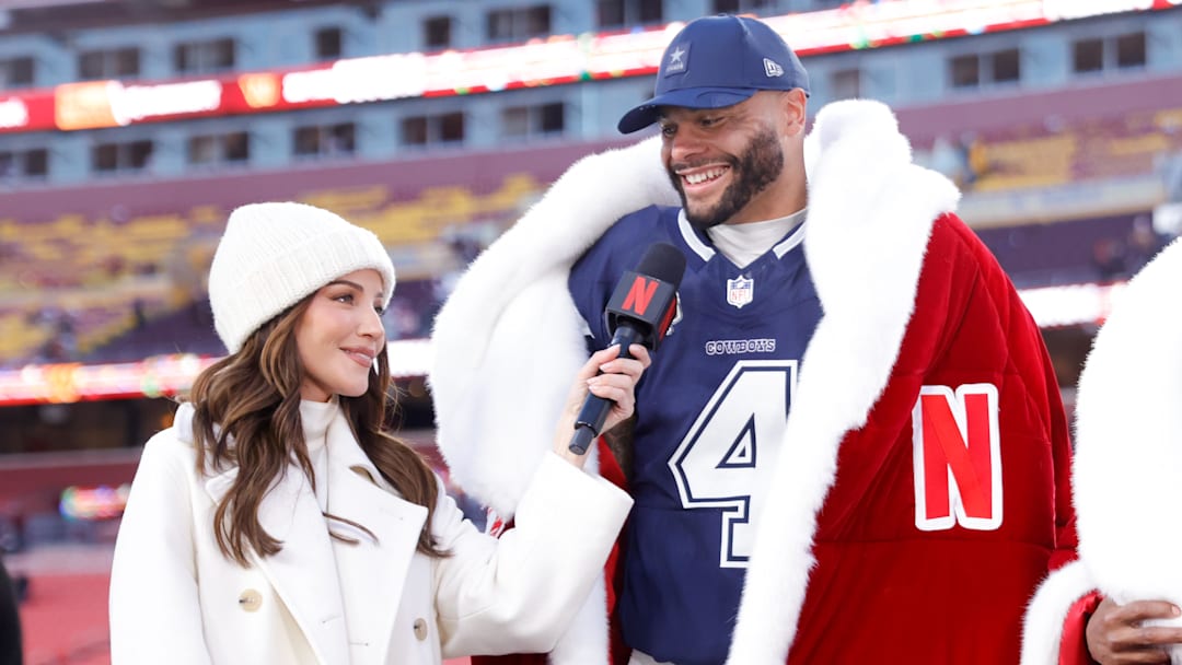 Dallas Cowboys quarterback Dak Prescott is interviewed by Kay Adams after the game against the Washington Commanders Dallas Cowboys quarterback Dak Prescott is interviewed by Kay Adams after the game against the Washington Commanders
