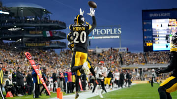 Dec 23, 2023; Pittsburgh, PA, USA; Pittsburgh Steelers cornerback Patrick Peterson (20) intercepts a