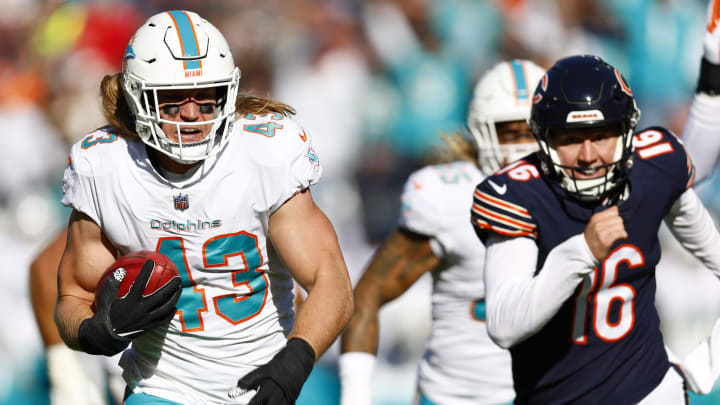 Miami Dolphins linebacker Andrew Van Ginkel returns a blocked punt for a touchdown against the Chicago Bears during the second quarter at Soldier Field in 2022.