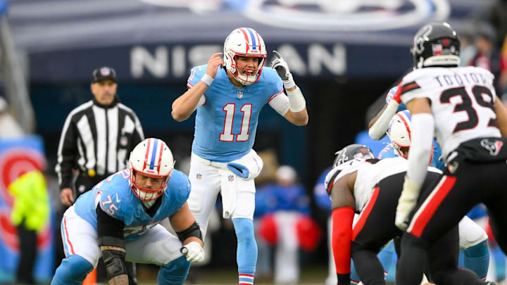 Jan 5, 2025; Nashville, Tennessee, USA; Tennessee Titans quarterback Mason Rudolph (11) changes the play against the Houston Texans during the first half at Nissan Stadium. Mandatory Credit: Steve Roberts-Imagn Images Jan 5, 2025; Nashville, Tennessee, USA; Tennessee Titans quarterback Mason Rudolph (11) changes the play against the Houston Texans during the first half at Nissan Stadium. Mandatory Credit: Steve Roberts-Imagn Images