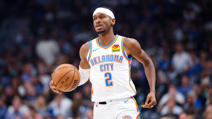 May 18, 2024; Dallas, Texas, USA; Oklahoma City Thunder guard Shai Gilgeous-Alexander (2) dribbles against the Dallas Mavericks during the second quarter in game six of the second round of the 2024 NBA playoffs at American Airlines Center. Mandatory Credit: Kevin Jairaj-USA TODAY Sports