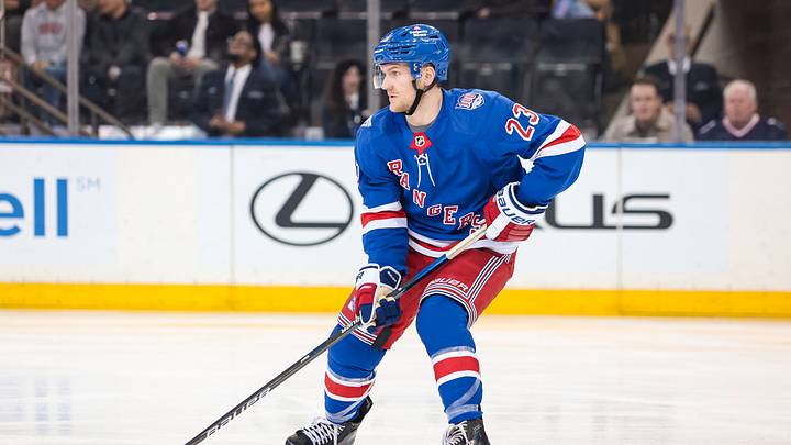 Apr 5, 2026; New York, New York, USA; New York Rangers defenseman Adam Fox (23) skates against the Washington Capitals during the first period at Madison Square Garden. Mandatory Credit: Danny Wild-Imagn Images