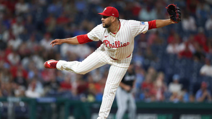 Aug 14, 2024; Philadelphia, Pennsylvania, USA; Philadelphia Phillies relief pitcher Carlos Estevez (53) throws a pitch during the ninth inning against the Miami Marlins at Citizens Bank Park.