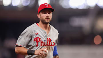 Jun 27, 2025; Atlanta, Georgia, USA; Philadelphia Phillies shortstop Trea Turner (7) between innings against the Atlanta Braves in the seventh inning at Truist Park. Mandatory Credit: Brett Davis-Imagn Images
