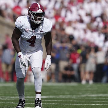 Sep 14, 2024; Madison, Wisconsin, USA;  Alabama Crimson Tide linebacker Qua Russaw (4) during the game against the Wisconsin Badgers at Camp Randall Stadium. Mandatory Credit: Jeff Hanisch-Imagn Images