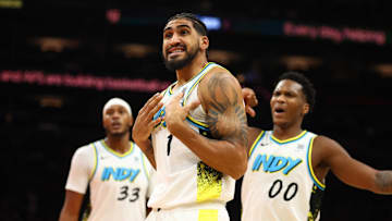 Dec 19, 2024; Phoenix, Arizona, USA; Indiana Pacers forward Obi Toppin (1) reacts against the Phoenix Suns at Footprint Center. Mandatory Credit: Mark J. Rebilas-Imagn Images