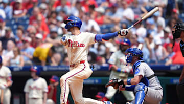Jun 11, 2025; Philadelphia, Pennsylvania, USA; Philadelphia Phillies infielder Trea Turner (7) hits a double against the Chicago Cubs in the fourth inning at Citizens Bank Park. 