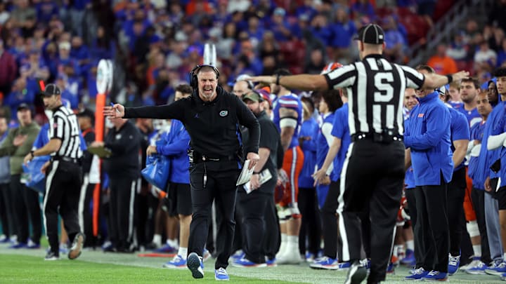 Dec 20, 2024; Tampa, FL, USA; Florida Gators head coach Billy Napier reacts against the Tulane Green Wave during the second half at Raymond James Stadium. Mandatory Credit: Kim Klement Neitzel-Imagn Images