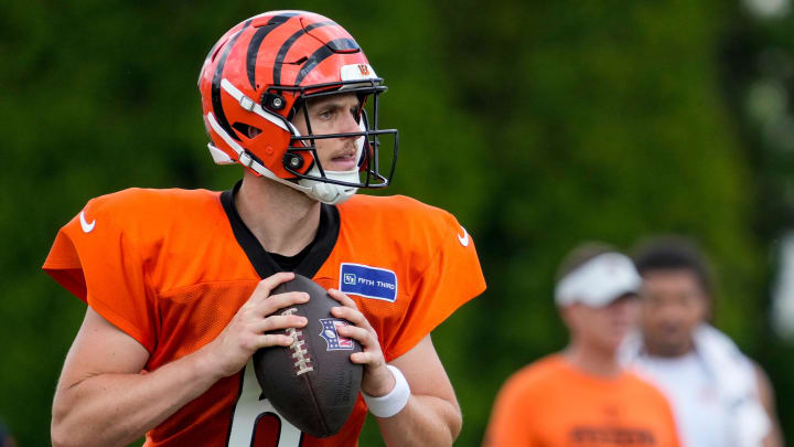 Cincinnati Bengals quarterback Jake Browning (6) drops back to throw during a preseason training camp practice at the Paycor Stadium practice field in downtown Cincinnati on Wednesday, Aug. 7, 2024.