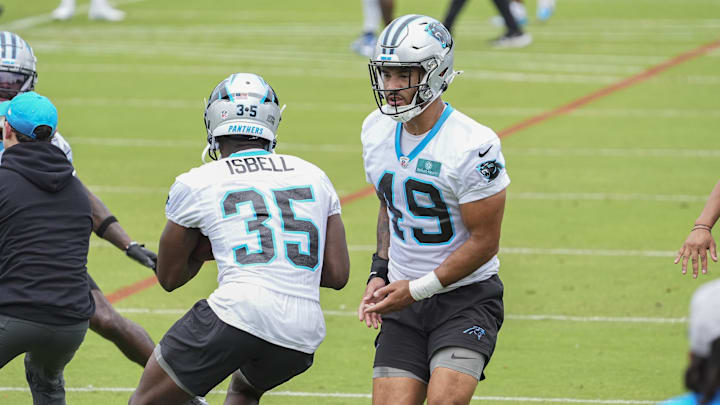 Jun 4, 2024; Charlotte, NC, USA; Carolina Panthers safety Clayton Isbell (35) and linebacker Jackson Mitchell (49) during OTAs. Mandatory Credit: Jim Dedmon-Imagn Images Jun 4, 2024; Charlotte, NC, USA; Carolina Panthers safety Clayton Isbell (35) and linebacker Jackson Mitchell (49) during OTAs. Mandatory Credit: Jim Dedmon-Imagn Images