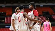Indiana basketball players Reed Bailey, Jasai Miles and Sam Alexis celebrate Aug. 9, 2025, against Mega Superbet in San Juan.
