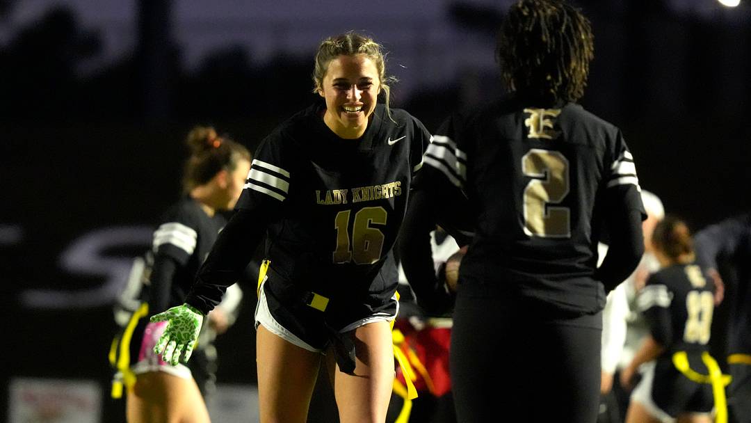 Evans, Georgia, USA; Evans defense back Millie Walker (16) and defensive back Daleah Gardner (2) celebrate after an interception during the Evans and South Effingham flag football game at Evans High School. Evans won 25-6. (Oct. 2025) Mandatory Credit: Katie Goodale - Augusta Chronicle/USA TODAY NETWORK