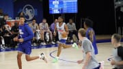 May 14, 2024; Chicago, IL, USA; Bronny James (50) participates during the 2024 NBA Draft Combine at Wintrust Arena. Mandatory Credit: David Banks-USA TODAY Sports