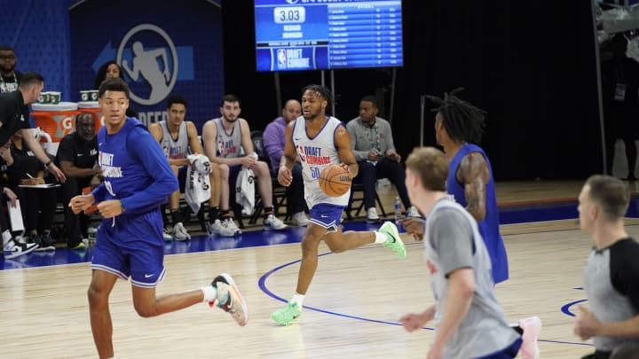 May 14, 2024; Chicago, IL, USA; Bronny James (50) participates during the 2024 NBA Draft Combine at Wintrust Arena. Mandatory Credit: David Banks-USA TODAY Sports