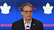 Jun 1, 2023; Toronto, Ontario, CANADA; Toronto Maple Leafs president Brendan Shanahan speaks as he introduces new general manager Brad Treliving at a media conference at Scotiabank Arena. Mandatory Credit: Dan Hamilton-Imagn Images