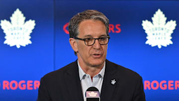 Jun 1, 2023; Toronto, Ontario, CANADA; Toronto Maple Leafs president Brendan Shanahan speaks as he introduces new general manager Brad Treliving at a media conference at Scotiabank Arena. Mandatory Credit: Dan Hamilton-Imagn Images