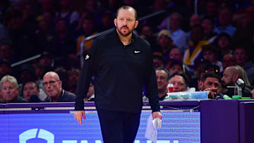 Mar 6, 2025; Los Angeles, California, USA; New York Knicks head coach Tom Thibodeau watches game action against the Los Angeles Lakers during the first half at Crypto.com Arena. Mandatory Credit: Gary A. Vasquez-Imagn Images