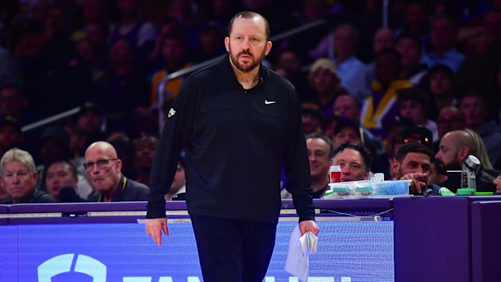 Mar 6, 2025; Los Angeles, California, USA; New York Knicks head coach Tom Thibodeau watches game action against the Los Angeles Lakers during the first half at Crypto.com Arena. Mandatory Credit: Gary A. Vasquez-Imagn Images