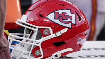Oct 22, 2023; Kansas City, Missouri, USA; A general view of a Kansas City Chiefs helmet against the Los Angeles Chargers during the second half at GEHA Field at Arrowhead Stadium. Mandatory Credit: Denny Medley-Imagn Images