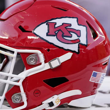 Oct 22, 2023; Kansas City, Missouri, USA; A general view of a Kansas City Chiefs helmet against the Los Angeles Chargers during the second half at GEHA Field at Arrowhead Stadium. Mandatory Credit: Denny Medley-Imagn Images