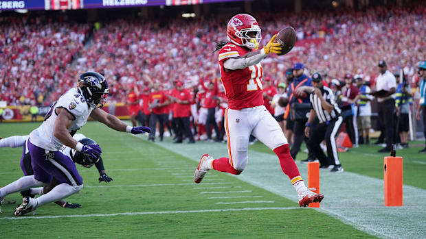  Kansas City Chiefs running back Isiah Pacheco scores a touchdown during the second quarter against the Baltimore Ravens.