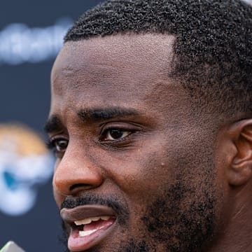 Jacksonville Jaguars cornerback Jourdan Lewis (2) answers questions after the Jacksonville Jaguars’ mandatory minicamp Tuesday June 10, 2025 at the Miller Electric Center in Jacksonville, Fla. [Doug Engle/Florida Times-Union]