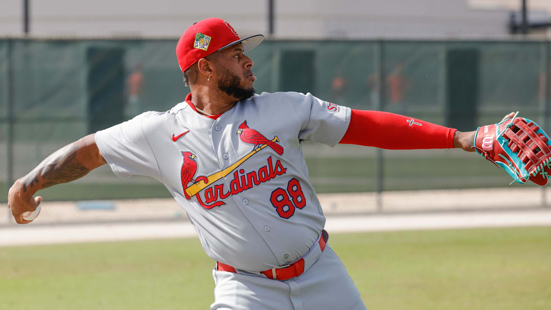 Feb 16, 2026; Jupiter, FL, USA; St. Louis Cardinals outfielder Nelson Velazquez (88) throws a ball during spring training workouts at Roger Dean Stadium. Mandatory Credit: Reinhold Matay-Imagn Images Feb 16, 2026; Jupiter, FL, USA; St. Louis Cardinals outfielder Nelson Velazquez (88) throws a ball during spring training workouts at Roger Dean Stadium. Mandatory Credit: Reinhold Matay-Imagn Images