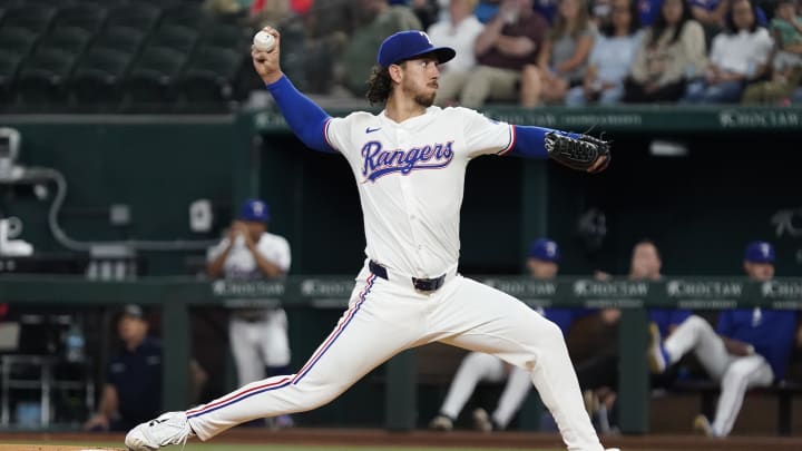 Jul 22, 2024; Arlington, Texas, USA; Texas Rangers starting pitcher Michael Lorenzen (23) throws to the plate during the first inning against the Chicago White Sox at Globe Life Field. Mandatory Credit: Raymond Carlin III-USA TODAY Sports