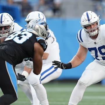 Nov 5, 2023; Charlotte, North Carolina, USA; Indianapolis Colts offensive tackle Bernhard Raimann (79) during the first quarter against the Carolina Panthers at Bank of America Stadium. 