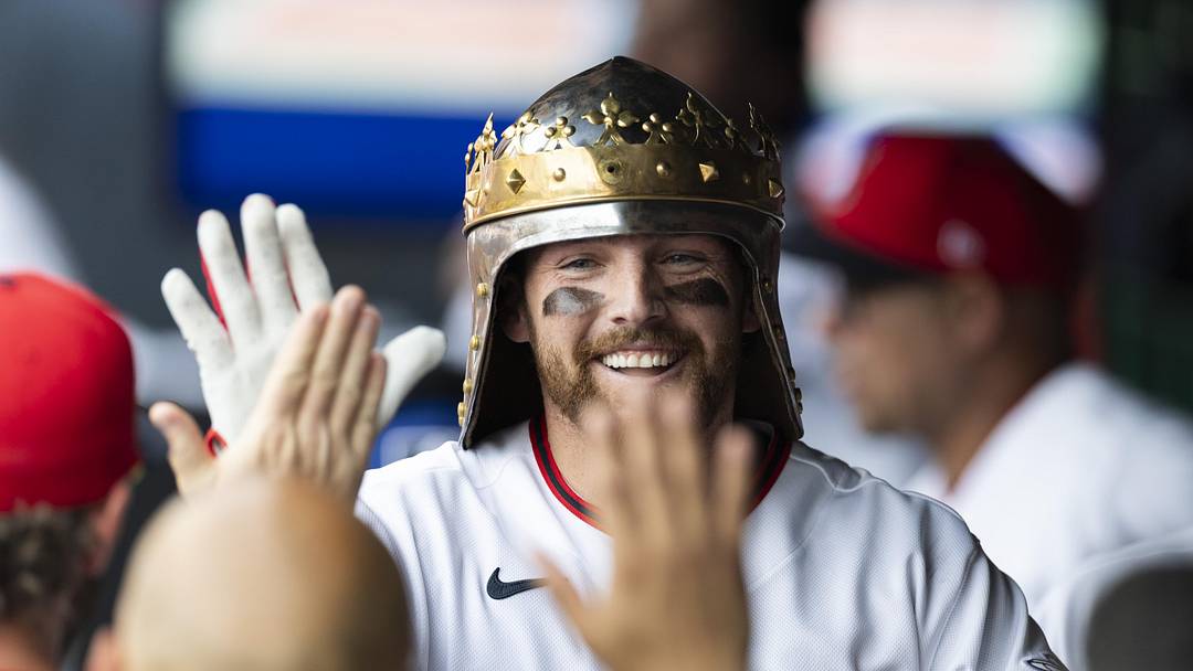 Cleveland, Ohio, USA; Cleveland Guardians outfielder Daniel Schneemann (10) is congratulated by teammates for his two-run home run against the Detroit Tigers during the third inning at Progressive Field. Mandatory Credit: Scott Galvin-Imagn Images
