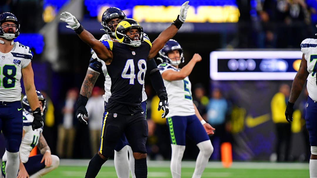 Nov 16, 2025; Inglewood, California, USA; Los Angeles Rams linebacker Omar Speights (48) reacts after Seattle Seahawks place kicker Jason Myers (5) missed a field goal with one second left in the second half at SoFi Stadium. Mandatory Credit: Gary A. Vasquez-Imagn Images