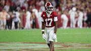 Oct 18, 2025; Tuscaloosa, Alabama, USA; Alabama Crimson Tide wide receiver Lotzeir Brooks (17) prepares for a play in the third quarter against the Tennessee Volunteers at Saban Field at Bryant-Denny Stadium. Mandatory Credit: David Leong-Imagn Images