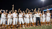 Jun 4, 2025; Oklahoma City, OK, USA;  Texas Longhorns players chant towards the fans after defeating the Texas Tech Red Raiders 2-1 in game one of the NCAA Softball Women's College World Series finals at Devon Park. Mandatory Credit: Brett Rojo-Imagn Images