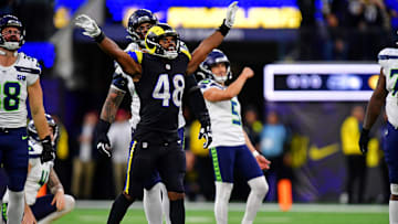 Nov 16, 2025; Inglewood, California, USA; Los Angeles Rams linebacker Omar Speights (48) reacts after Seattle Seahawks place kicker Jason Myers (5) missed a field goal with one second left in the second half at SoFi Stadium. Mandatory Credit: Gary A. Vasquez-Imagn Images