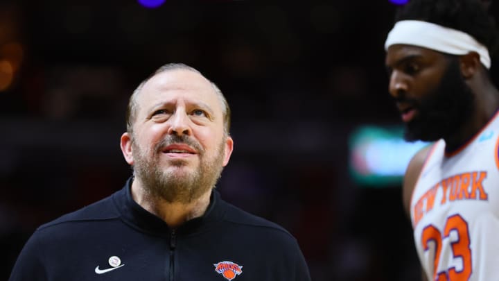 Apr 2, 2024; Miami, Florida, USA; New York Knicks head coach Tom Thibodeau looks on against the Miami Heat during the first quarter at Kaseya Center. Mandatory Credit: Sam Navarro-USA TODAY Sports