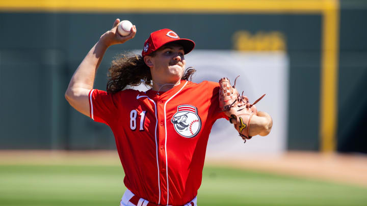 Mar 20, 2024; Goodyear, Arizona, USA; Cincinnati Reds pitcher Rhett Lowder against the Texas Rangers during a spring training baseball game at Goodyear Ballpark. Mandatory Credit: Mark J. Rebilas-USA TODAY Sports