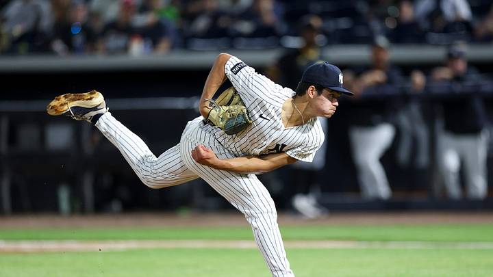 Mar 9, 2026; Tampa, Florida, USA; New York Yankees pitcher Kyle Carr (66) throws a pitch against the Pittsburgh Pirates in the ninth inning during spring training at George M. Steinbrenner Field. Mandatory Credit: Nathan Ray Seebeck-Imagn Images