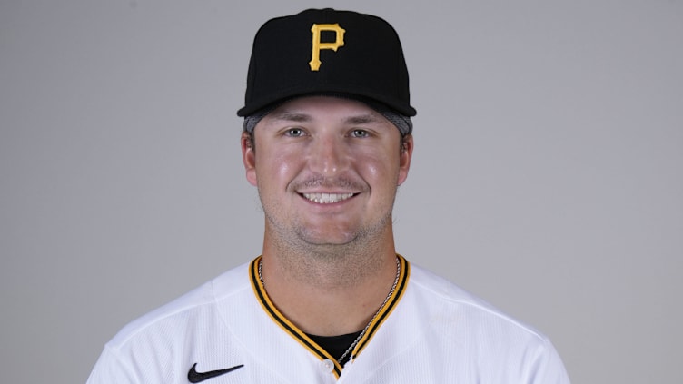 Feb 22, 2023; Bradenton, FL, USA;  Pittsburgh Pirates outfielder Matt Gorski (76) poses for photos