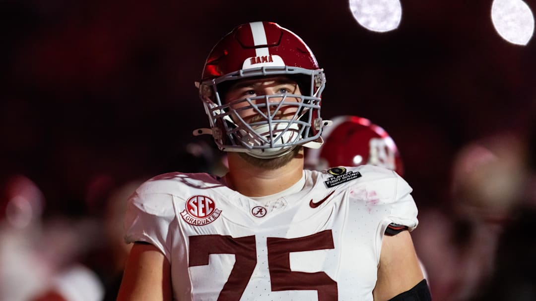 Dec 19, 2025; Norman, OK, USA; Alabama Crimson Tide offensive lineman Wilkin Formby (75) against the Oklahoma Sooners during the CFP National Playoff First Round at Gaylord Family Oklahoma Memorial Stadium. Mandatory Credit: Mark J. Rebilas-Imagn Images