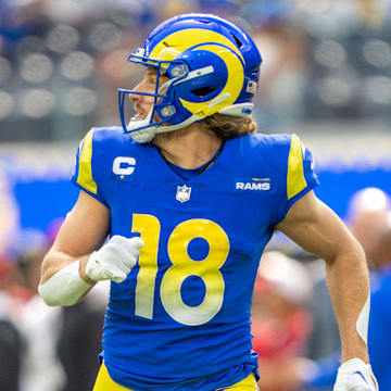 October 15, 2023; Inglewood, California, USA; Los Angeles Rams wide receiver Ben Skowronek (18) before the game against the Arizona Cardinals at SoFi Stadium. Mandatory Credit: Kyle Terada-Imagn Images